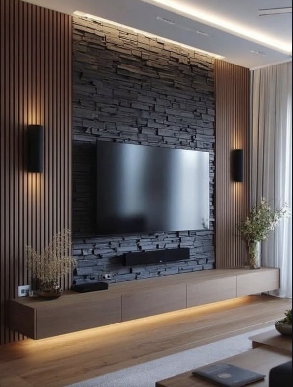 Wood slat and stone media wall with TV